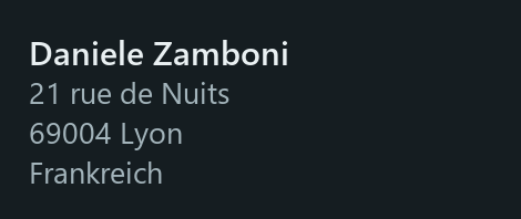 Daniele Zamboni, 21 rue de Nuits, 69004 Lyon, Frankreich