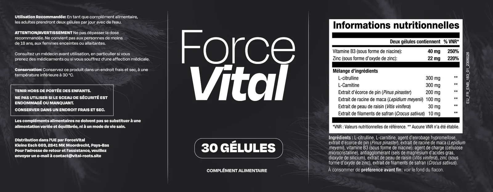 Etikett einer ForceVital-Flasche mit der Nährwerttabelle für zwei Kapseln